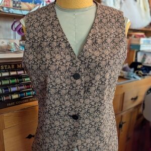 ANN TAYLOR Vintage 1990's Floral Black and Cream Button Front Vest